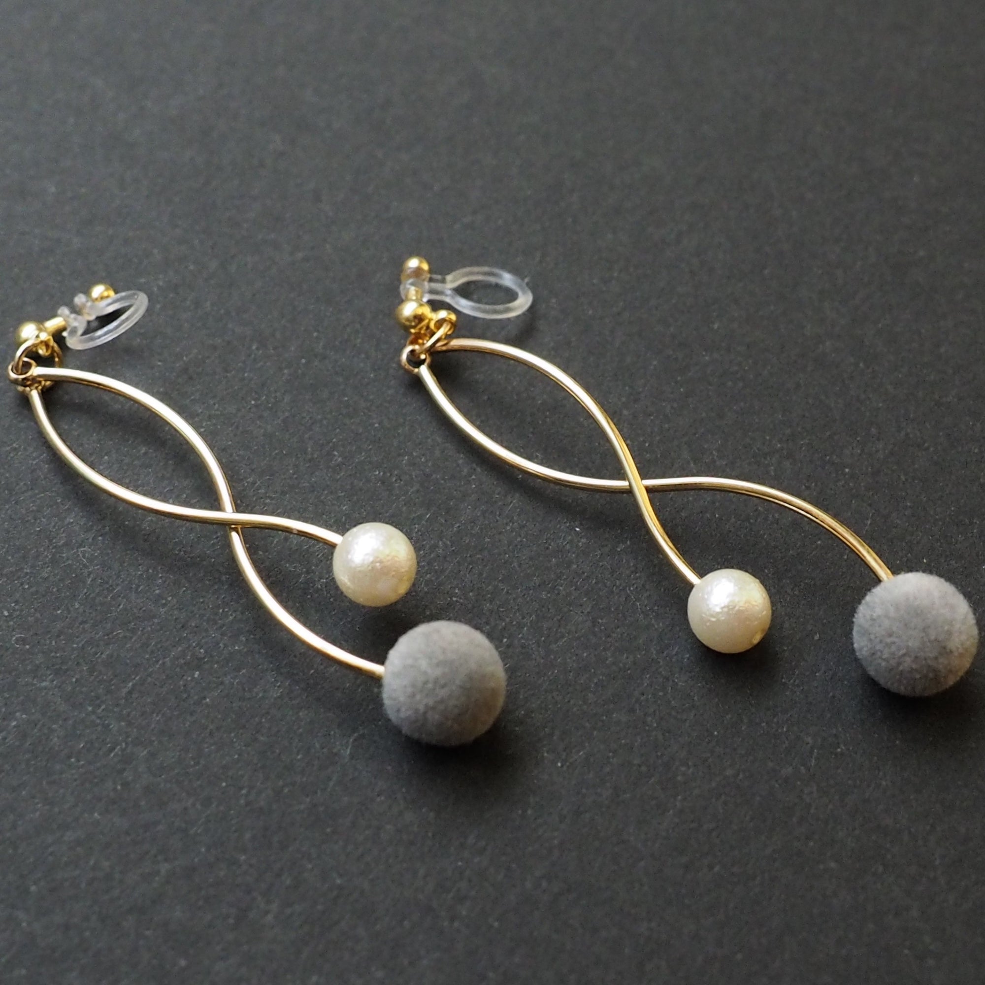 Gray velvet balls and white pearl invisible clip on earrings - miyabigracejewelry.com