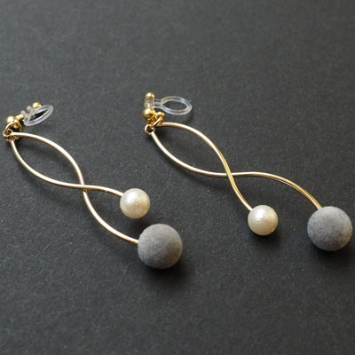 Gray velvet balls and white pearl invisible clip on earrings - miyabigracejewelry.com