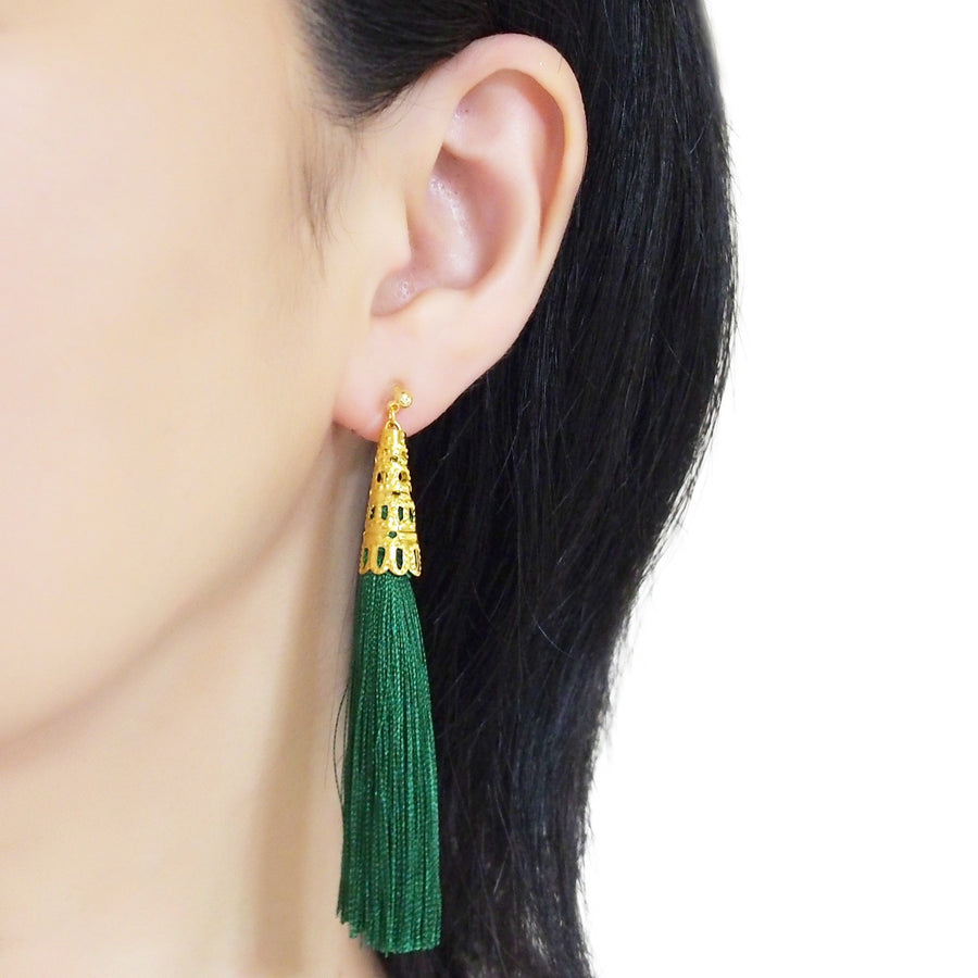 Long Green Tassel Invisible Clip On Earrings - miyabigracejewelry.com