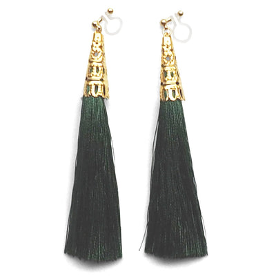 Long Green Tassel Invisible Clip On Earrings - miyabigracejewelry.com