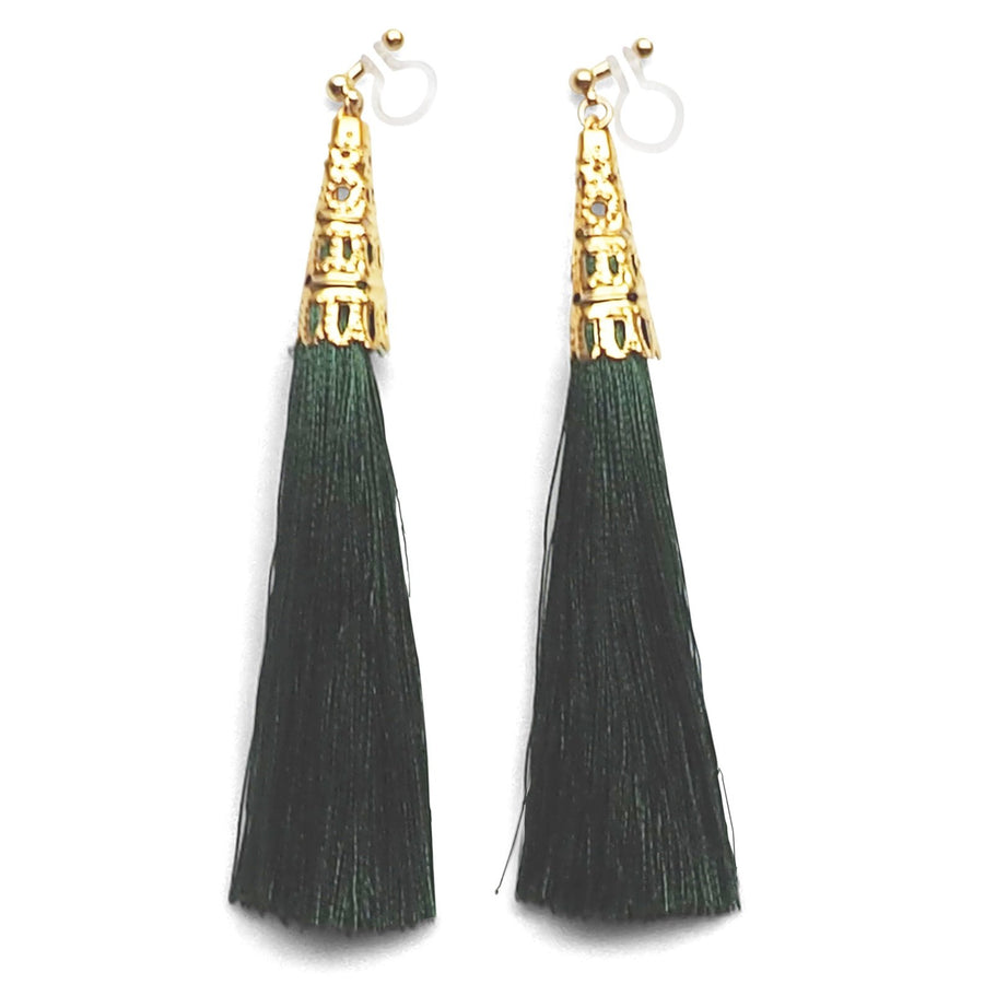 Long Green Tassel Invisible Clip On Earrings - miyabigracejewelry.com
