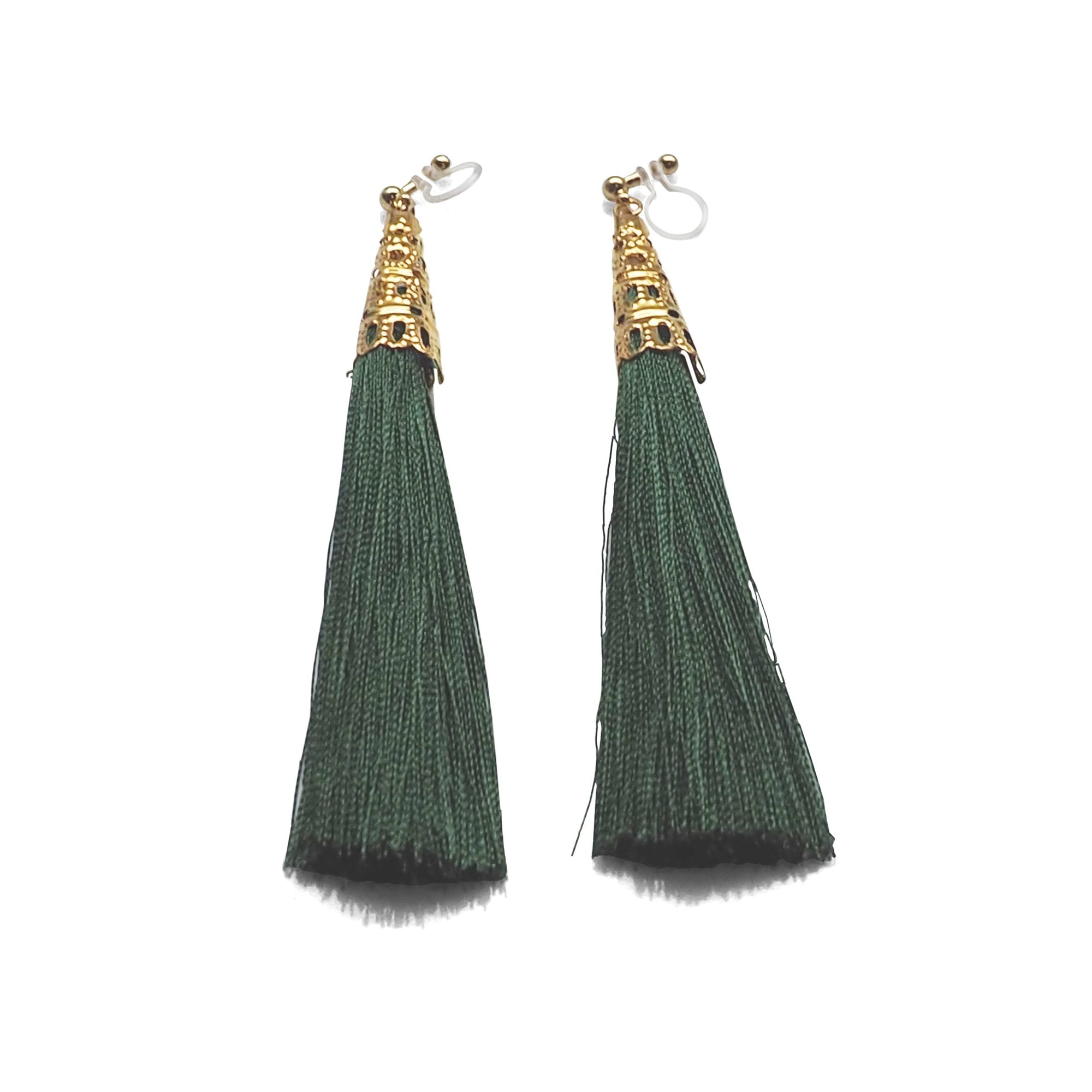 Long Green Tassel Invisible Clip On Earrings - miyabigracejewelry.com