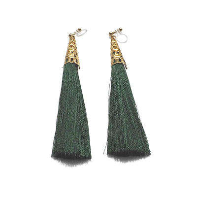 Long Green Tassel Invisible Clip On Earrings - miyabigracejewelry.com