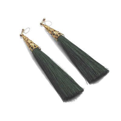 Long Green Tassel Invisible Clip On Earrings - miyabigracejewelry.com