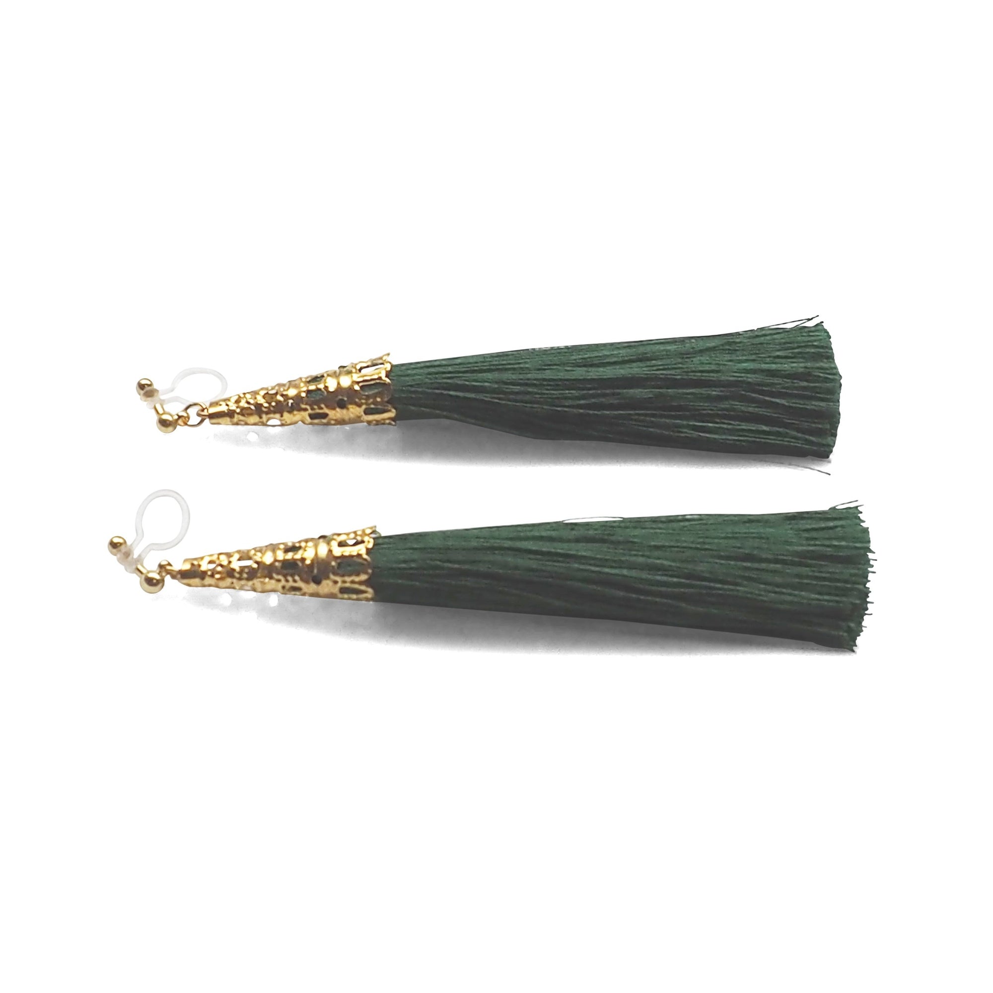 Long Green Tassel Invisible Clip On Earrings - miyabigracejewelry.com