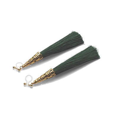 Long Green Tassel Invisible Clip On Earrings - miyabigracejewelry.com