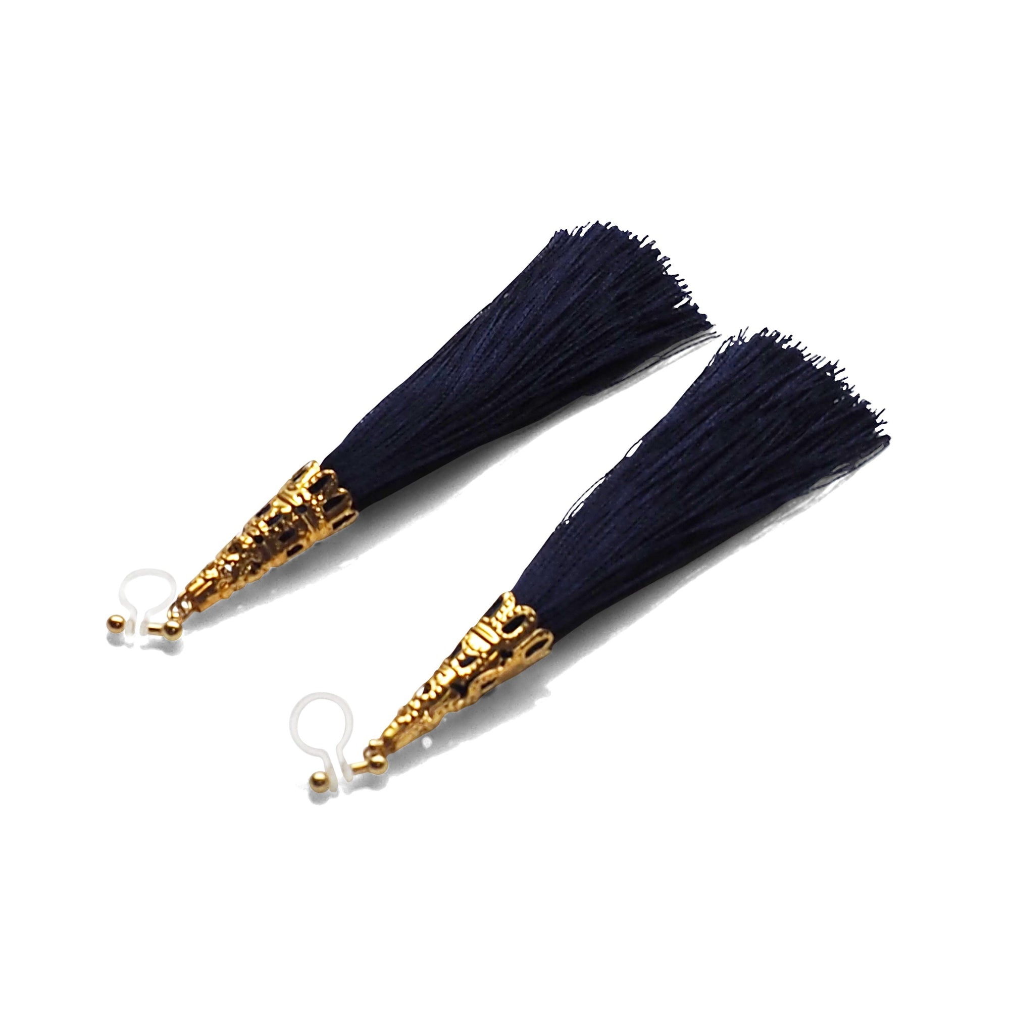 Long Navy Blue Tassel Invisible Clip On Earrings - miyabigracejewelry.com
