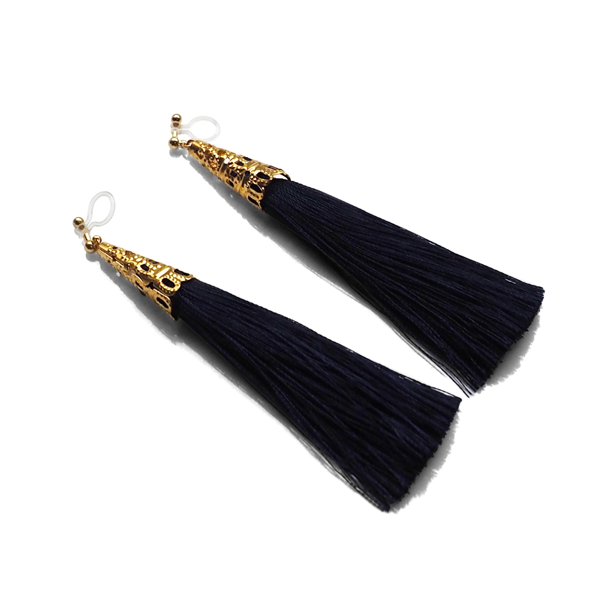 Long Navy Blue Tassel Invisible Clip On Earrings - miyabigracejewelry.com