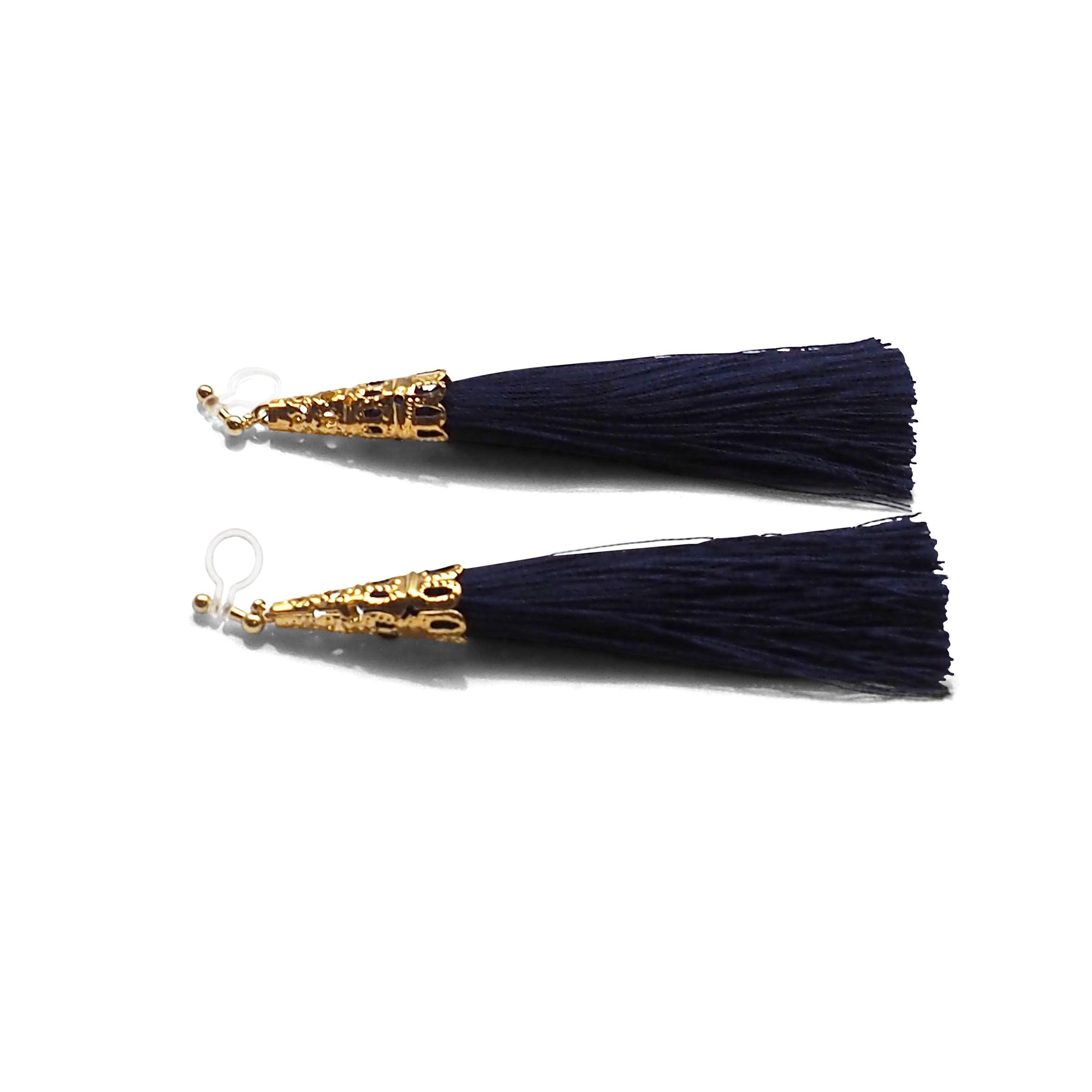 Long Navy Blue Tassel Invisible Clip On Earrings - miyabigracejewelry.com