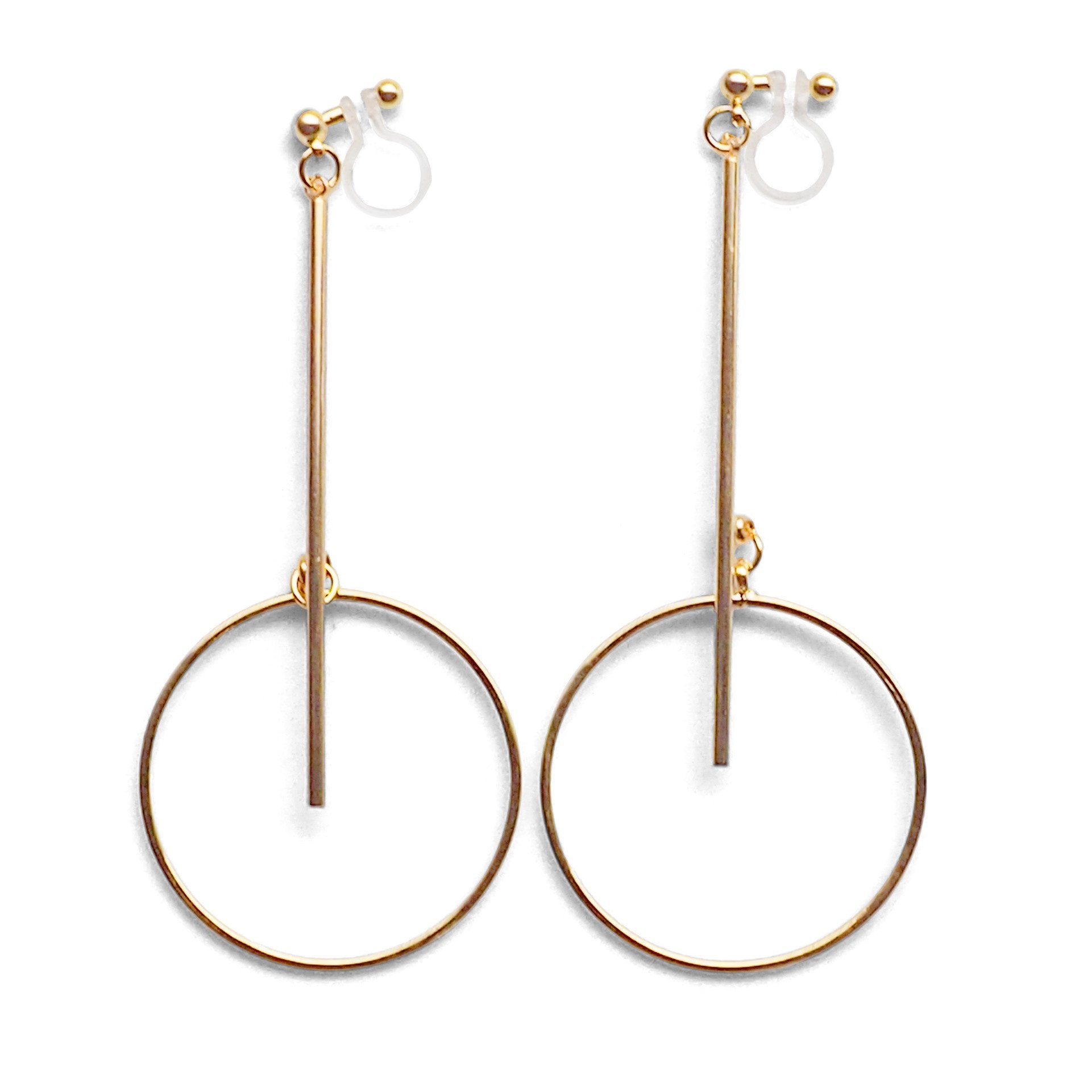 Gold Long Bar with Circle Invisible Clip on Earrings - miyabigracejewelry.com