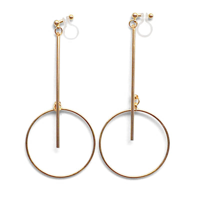 Gold Long Bar with Circle Invisible Clip on Earrings - miyabigracejewelry.com