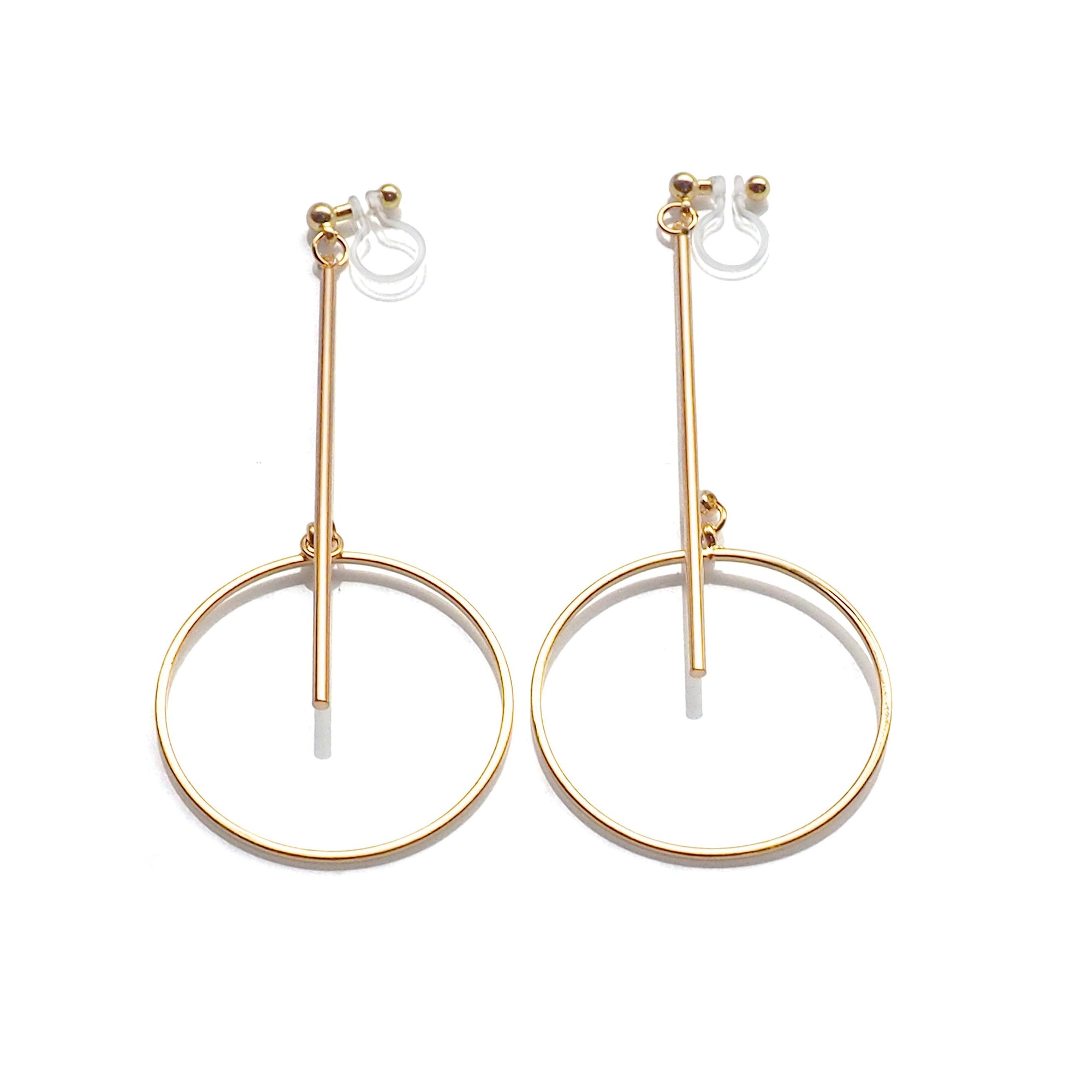 Gold Long Bar with Circle Invisible Clip on Earrings - miyabigracejewelry.com