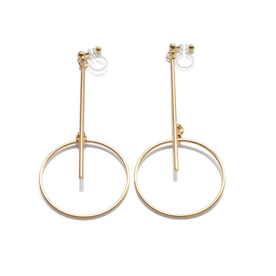 Gold Long Bar with Circle Invisible Clip on Earrings - miyabigracejewelry.com
