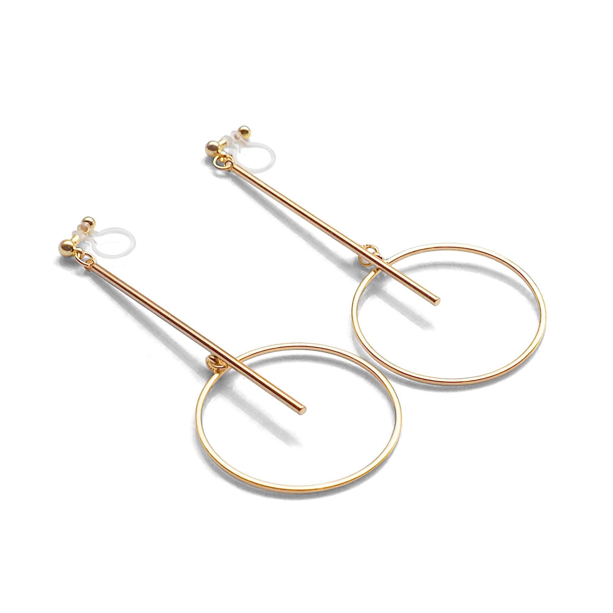 Gold Long Bar with Circle Invisible Clip on Earrings - miyabigracejewelry.com