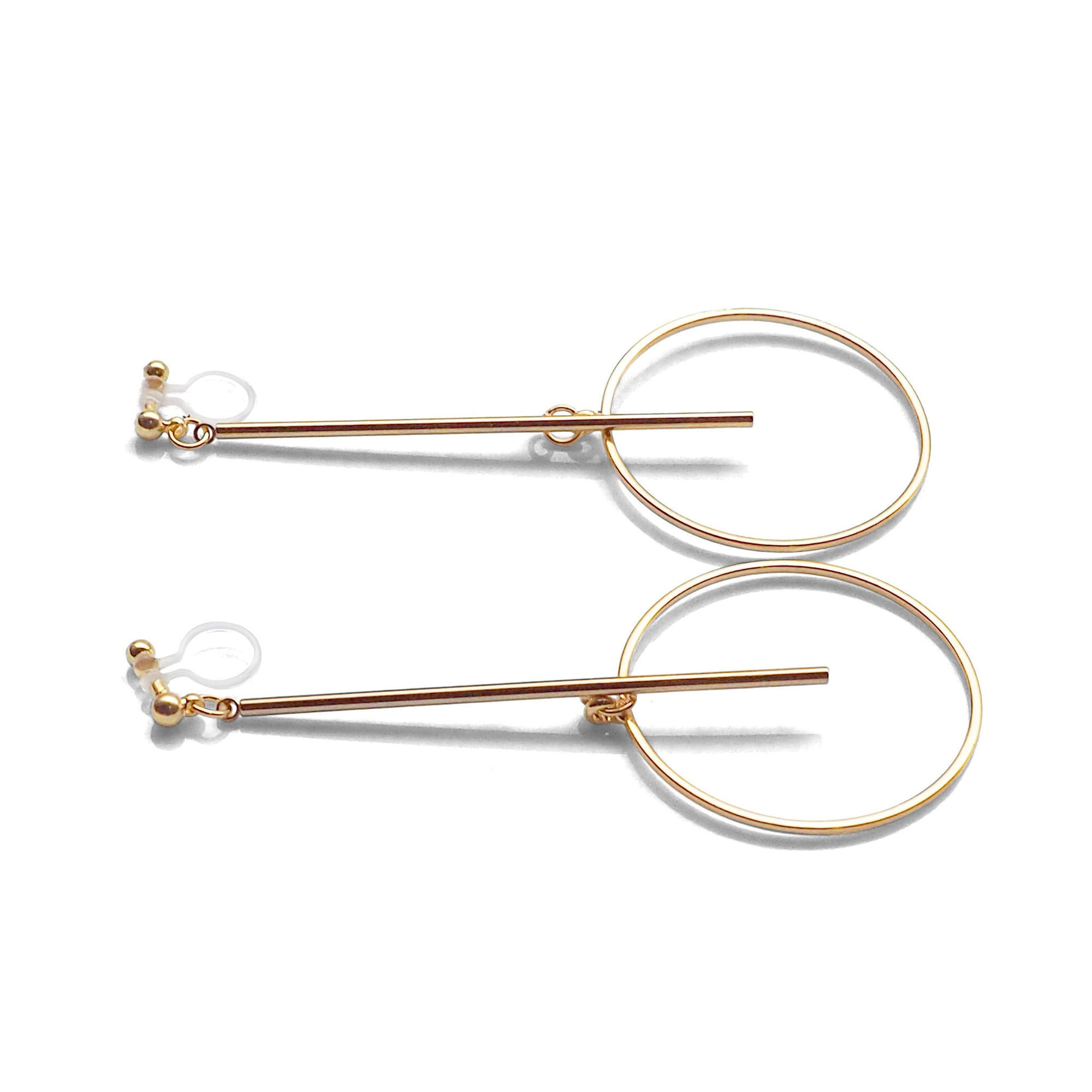 Gold Long Bar with Circle Invisible Clip on Earrings - miyabigracejewelry.com