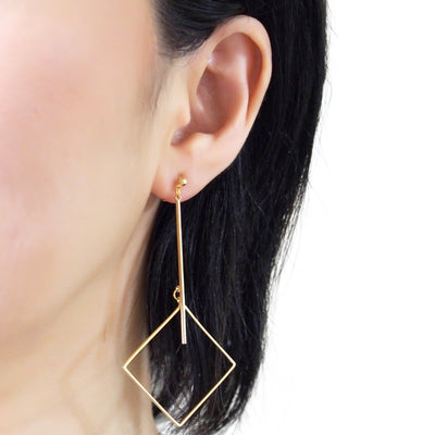 Gold Long Bar with square Invisible Clip on Earrings - miyabigracejewelry.com