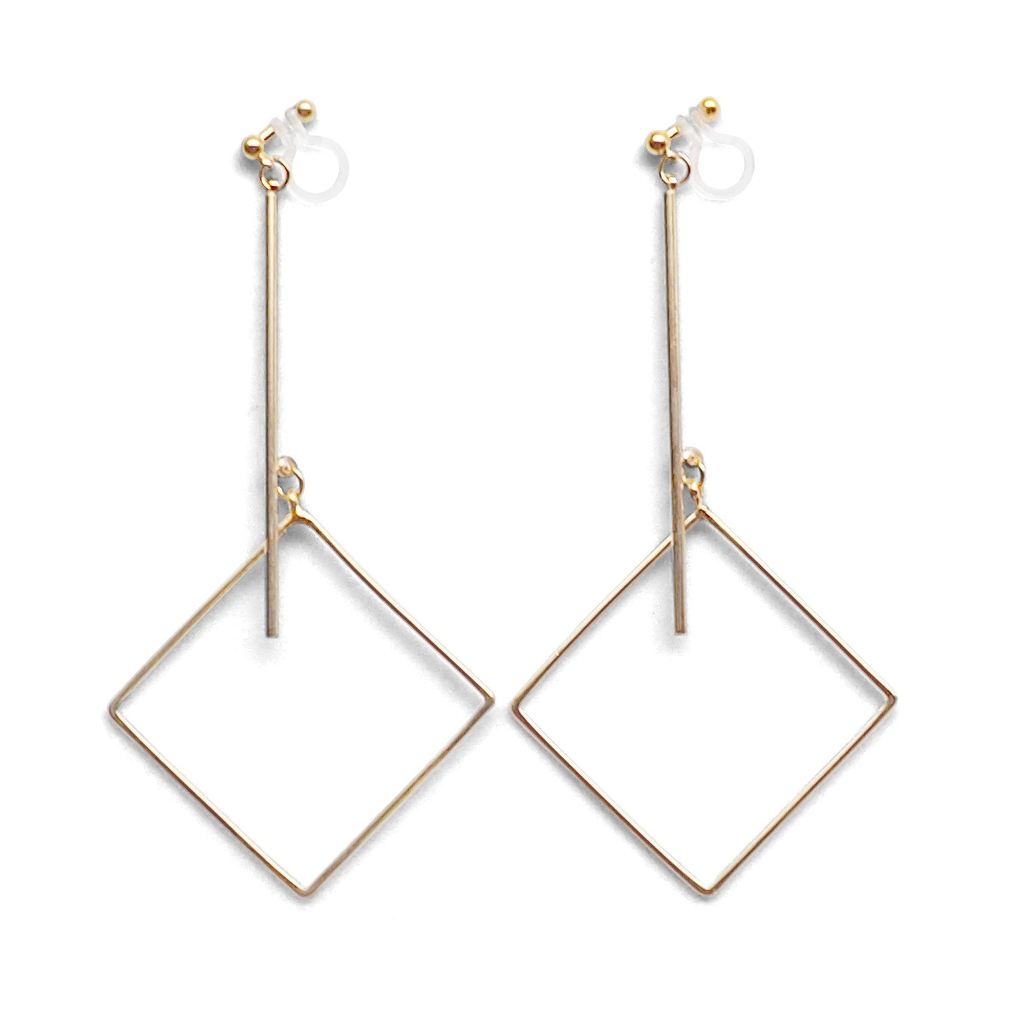 Gold Long Bar with square Invisible Clip on Earrings - miyabigracejewelry.com