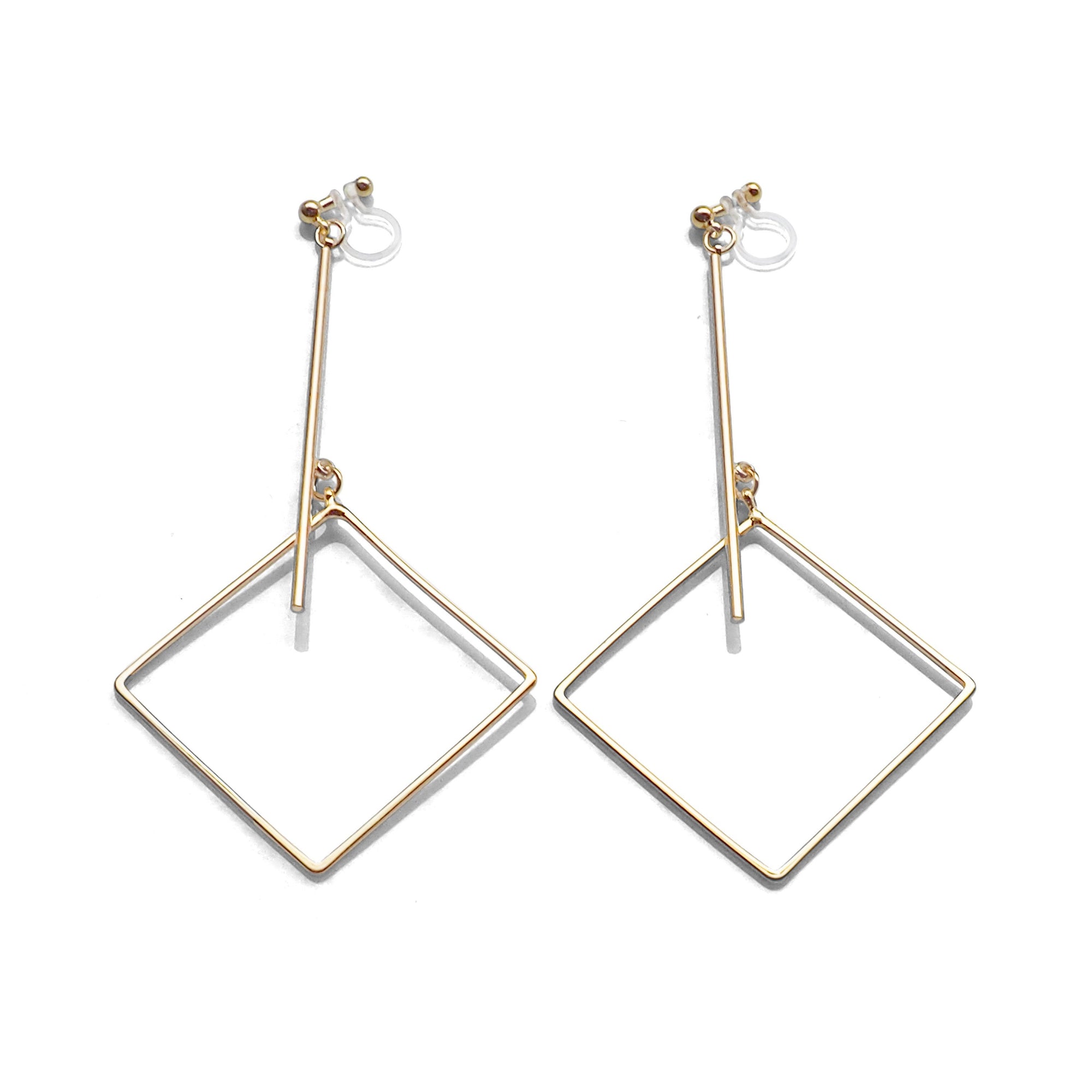 Gold Long Bar with square Invisible Clip on Earrings - miyabigracejewelry.com