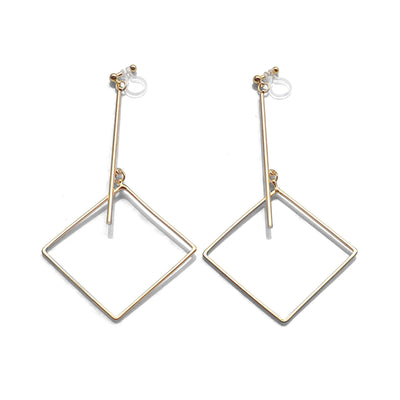 Gold Long Bar with square Invisible Clip on Earrings - miyabigracejewelry.com