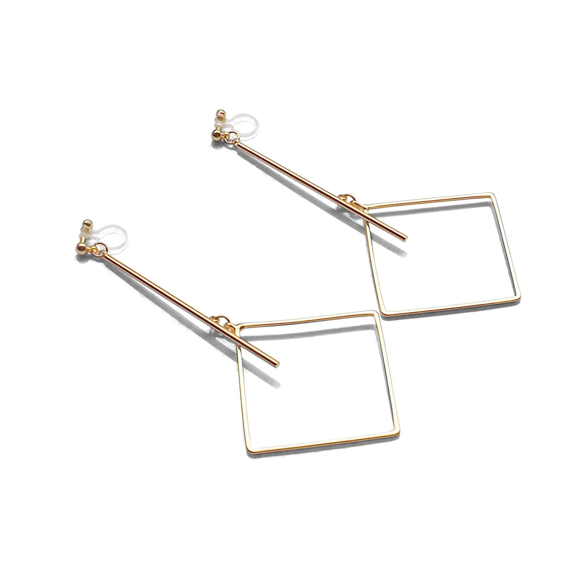 Gold Long Bar with square Invisible Clip on Earrings - miyabigracejewelry.com