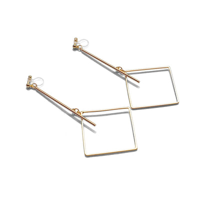 Gold Long Bar with square Invisible Clip on Earrings - miyabigracejewelry.com