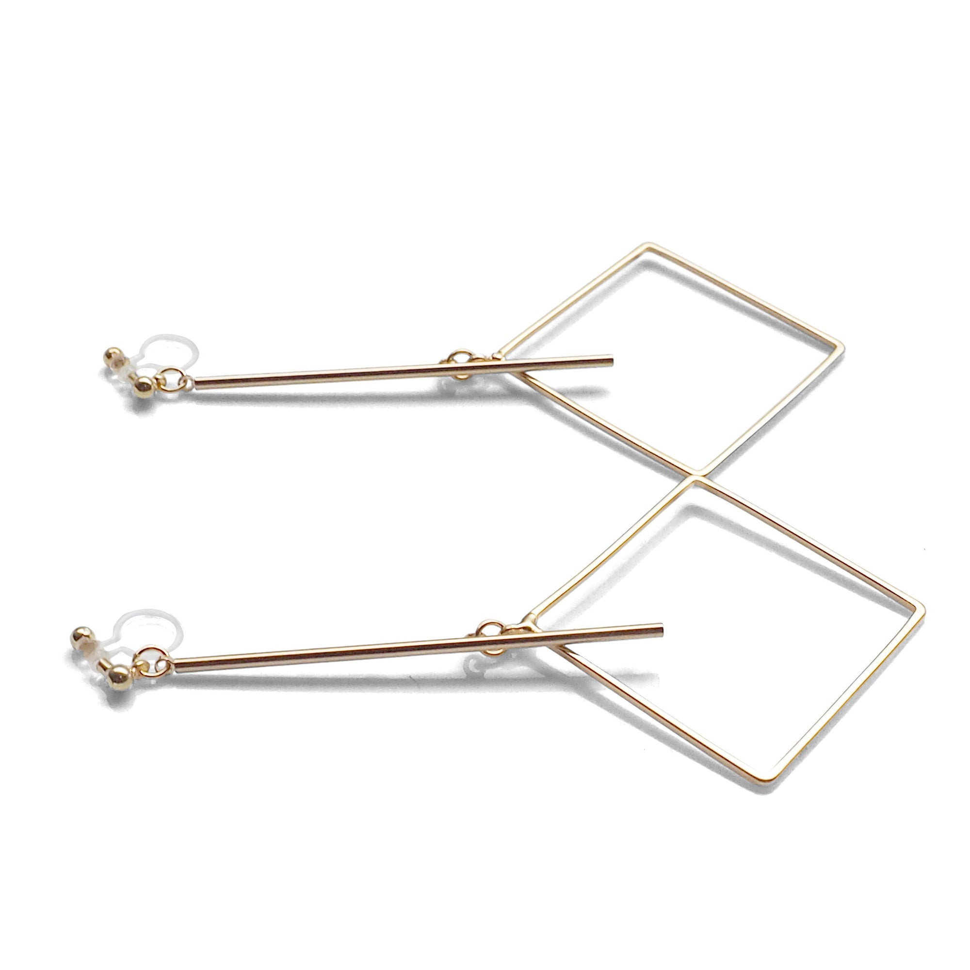 Gold Long Bar with square Invisible Clip on Earrings - miyabigracejewelry.com