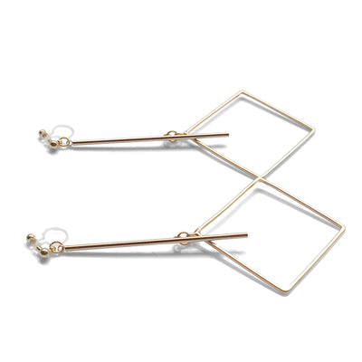 Gold Long Bar with square Invisible Clip on Earrings - miyabigracejewelry.com