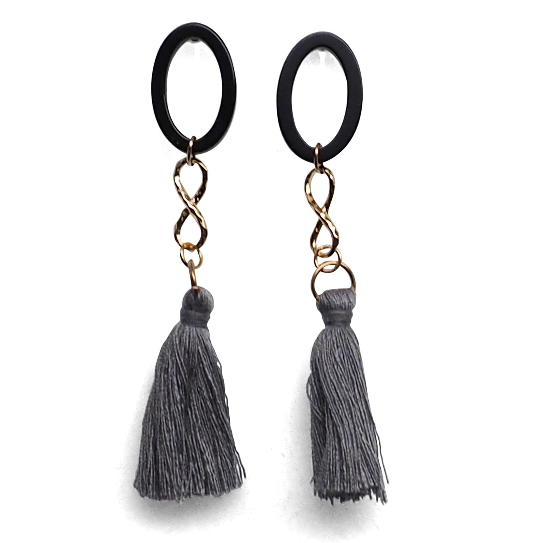 Black hoop with gray tassel invisible clip on earrings - miyabigracejewelry.com