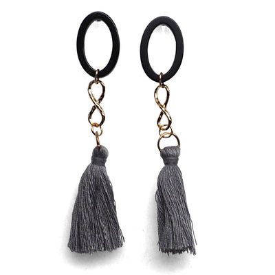 Black hoop with gray tassel invisible clip on earrings - miyabigracejewelry.com