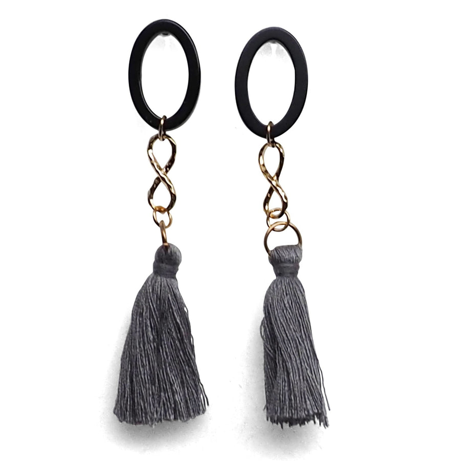Black hoop with gray tassel invisible clip on earrings - miyabigracejewelry.com