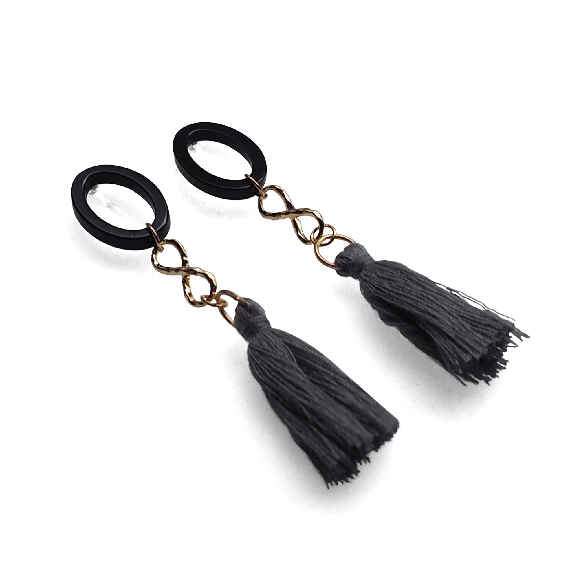 Black hoop with gray tassel invisible clip on earrings - miyabigracejewelry.com