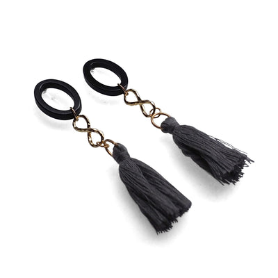 Black hoop with gray tassel invisible clip on earrings - miyabigracejewelry.com