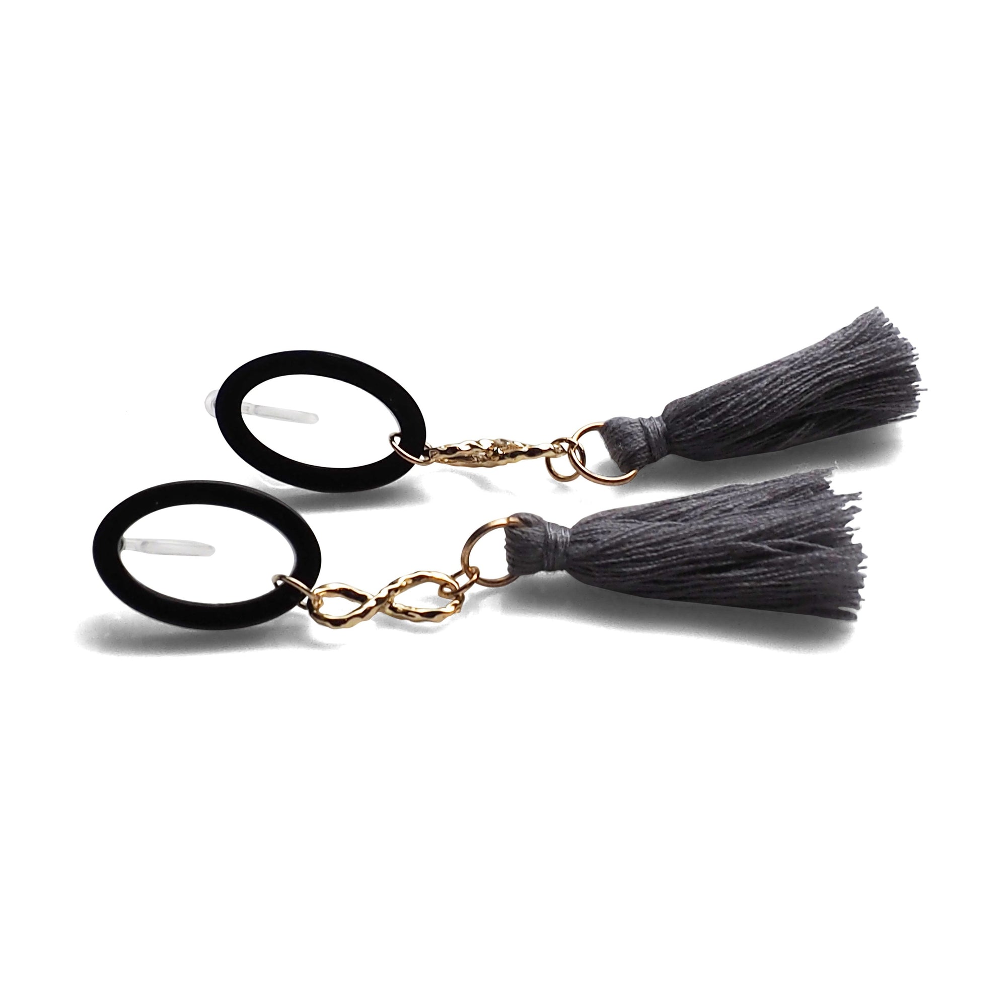 Black hoop with gray tassel invisible clip on earrings - miyabigracejewelry.com