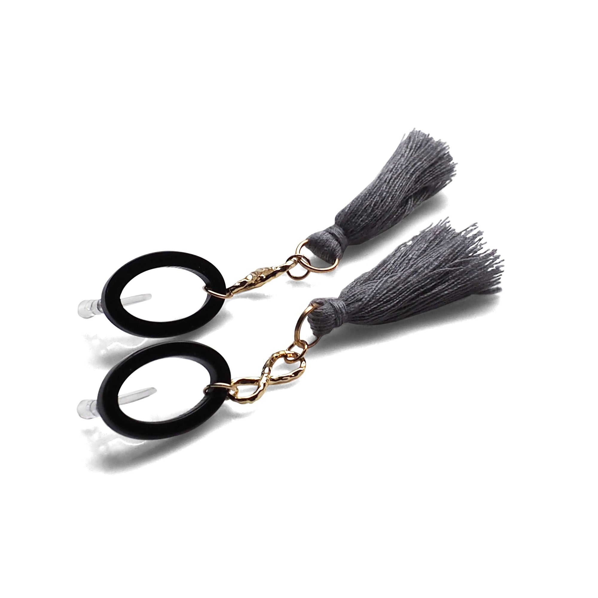 Black hoop with gray tassel invisible clip on earrings - miyabigracejewelry.com
