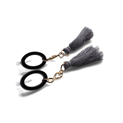 Black hoop with gray tassel invisible clip on earrings - miyabigracejewelry.com