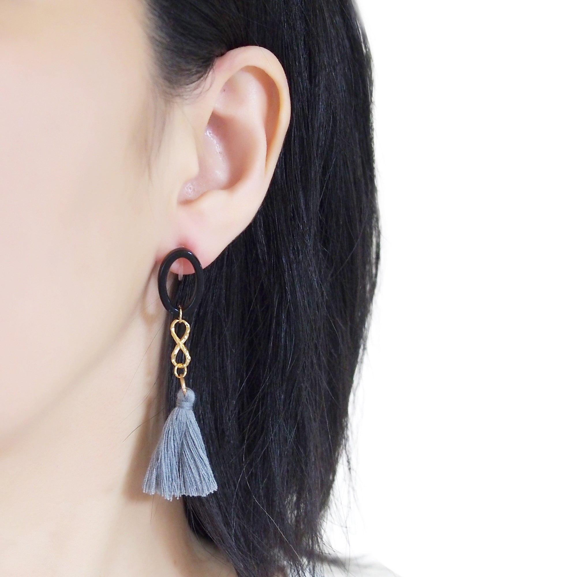 Black hoop with gray tassel invisible clip on earrings - miyabigracejewelry.com