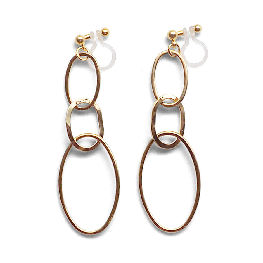 Dangle Gold Triple Hoop Invisible Clip on Earrings - miyabigracejewelry.com