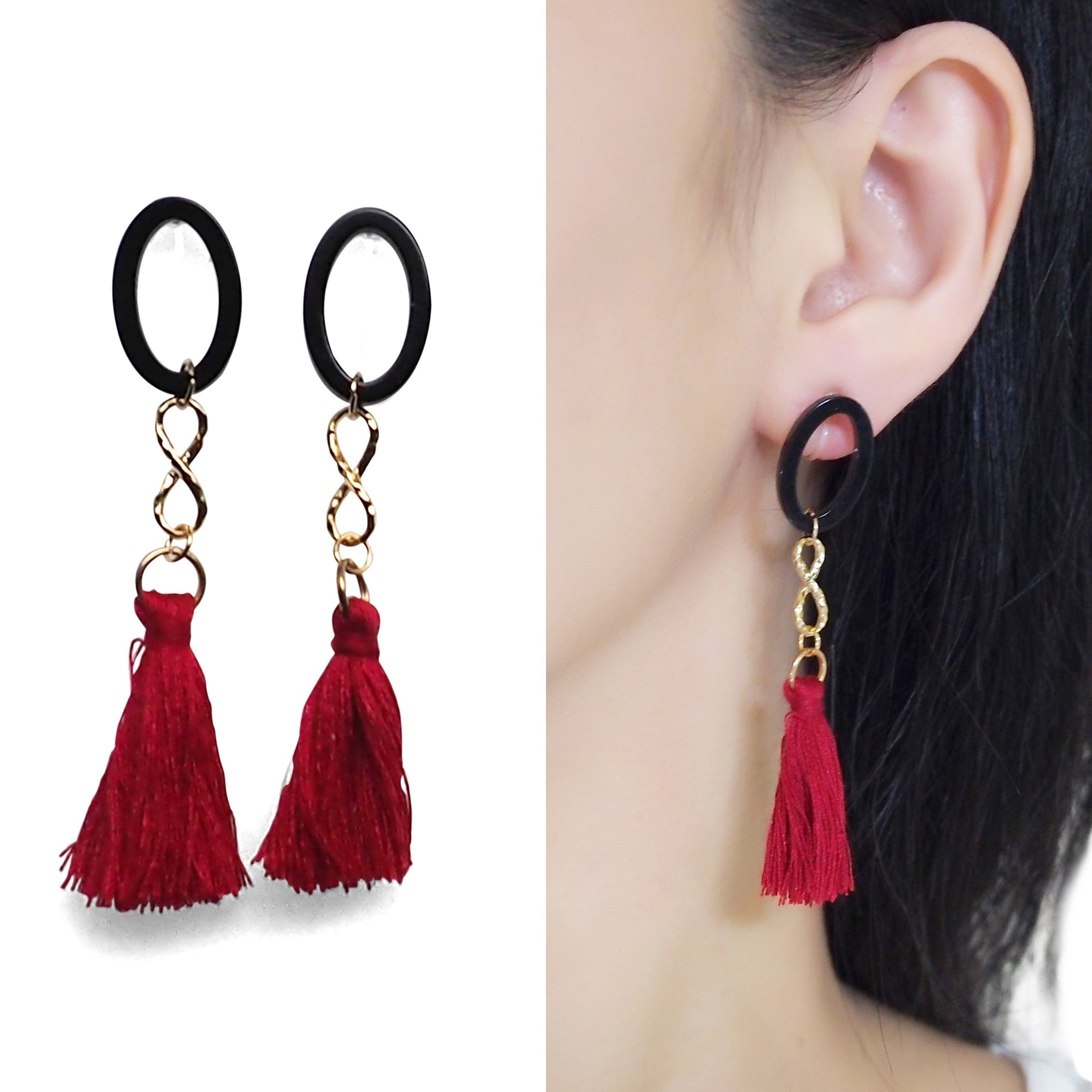 Black hoop with red tassel invisible clip on earrings - miyabigracejewelry.com
