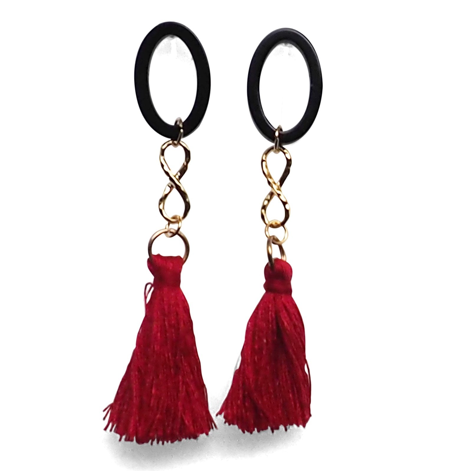 Black hoop with red tassel invisible clip on earrings - miyabigracejewelry.com
