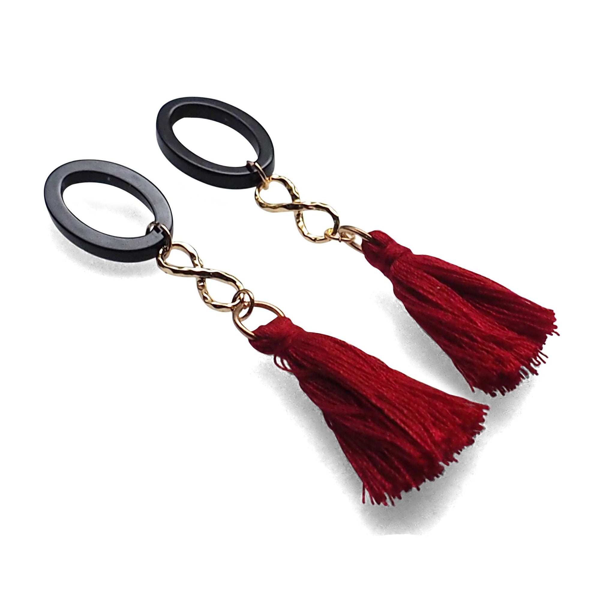 Black hoop with red tassel invisible clip on earrings - miyabigracejewelry.com