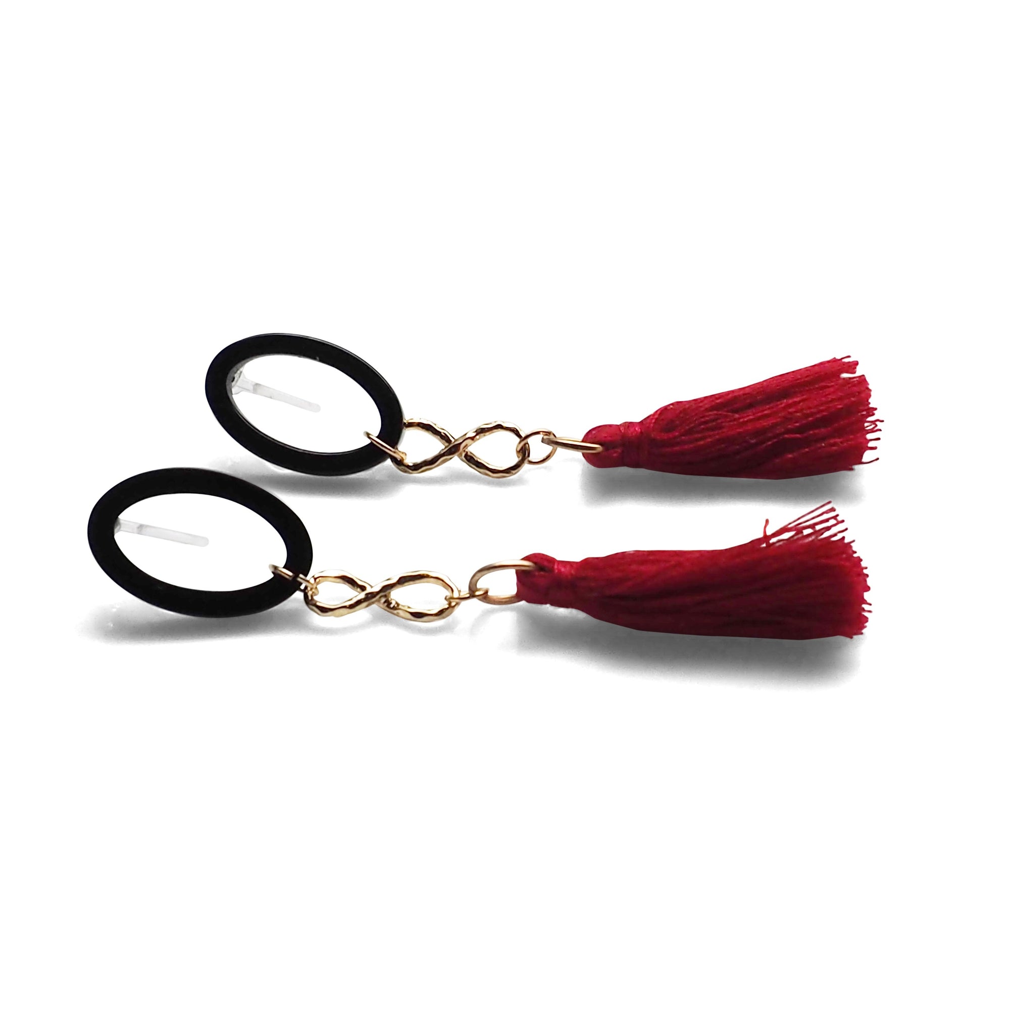 Black hoop with red tassel invisible clip on earrings - miyabigracejewelry.com