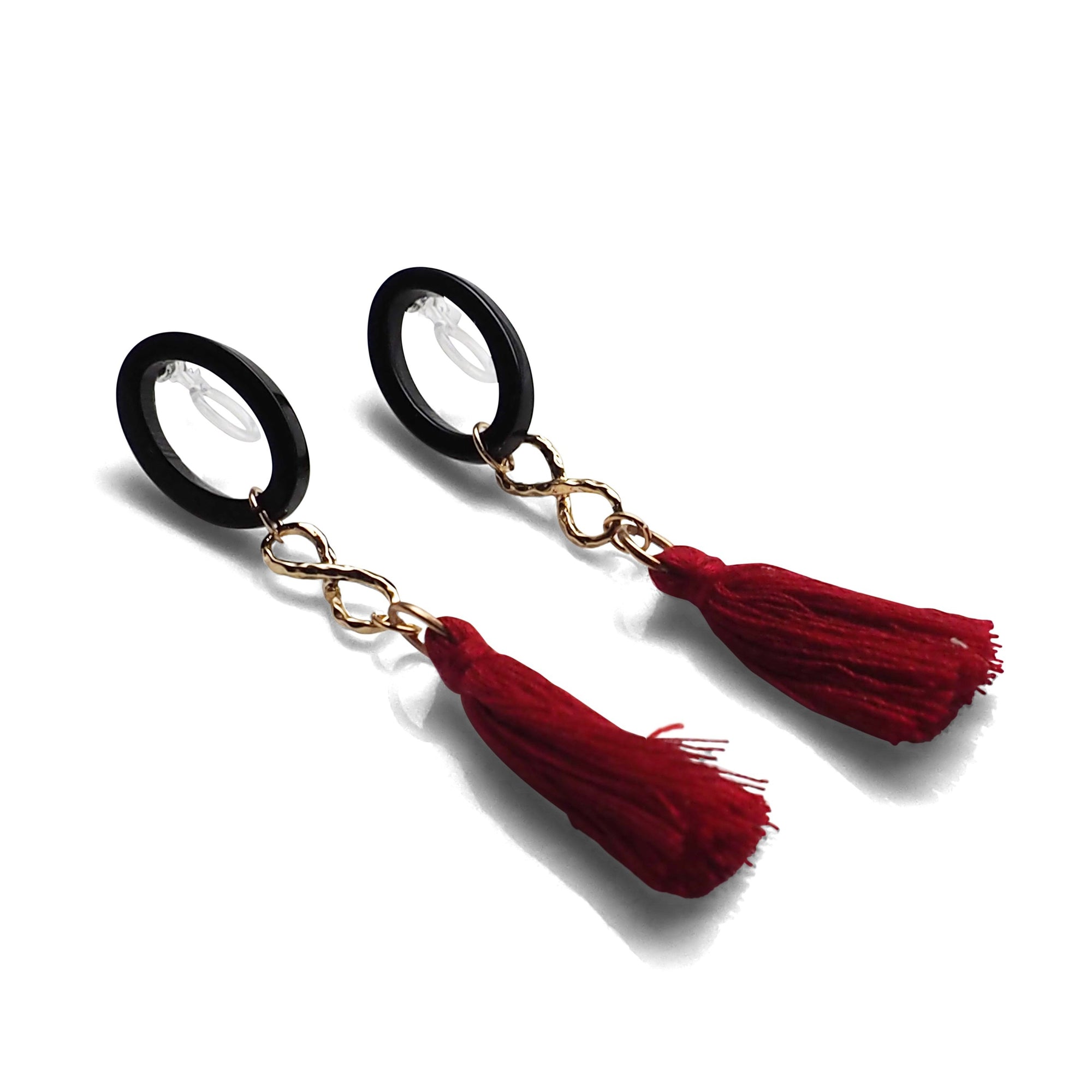 Black hoop with red tassel invisible clip on earrings - miyabigracejewelry.com