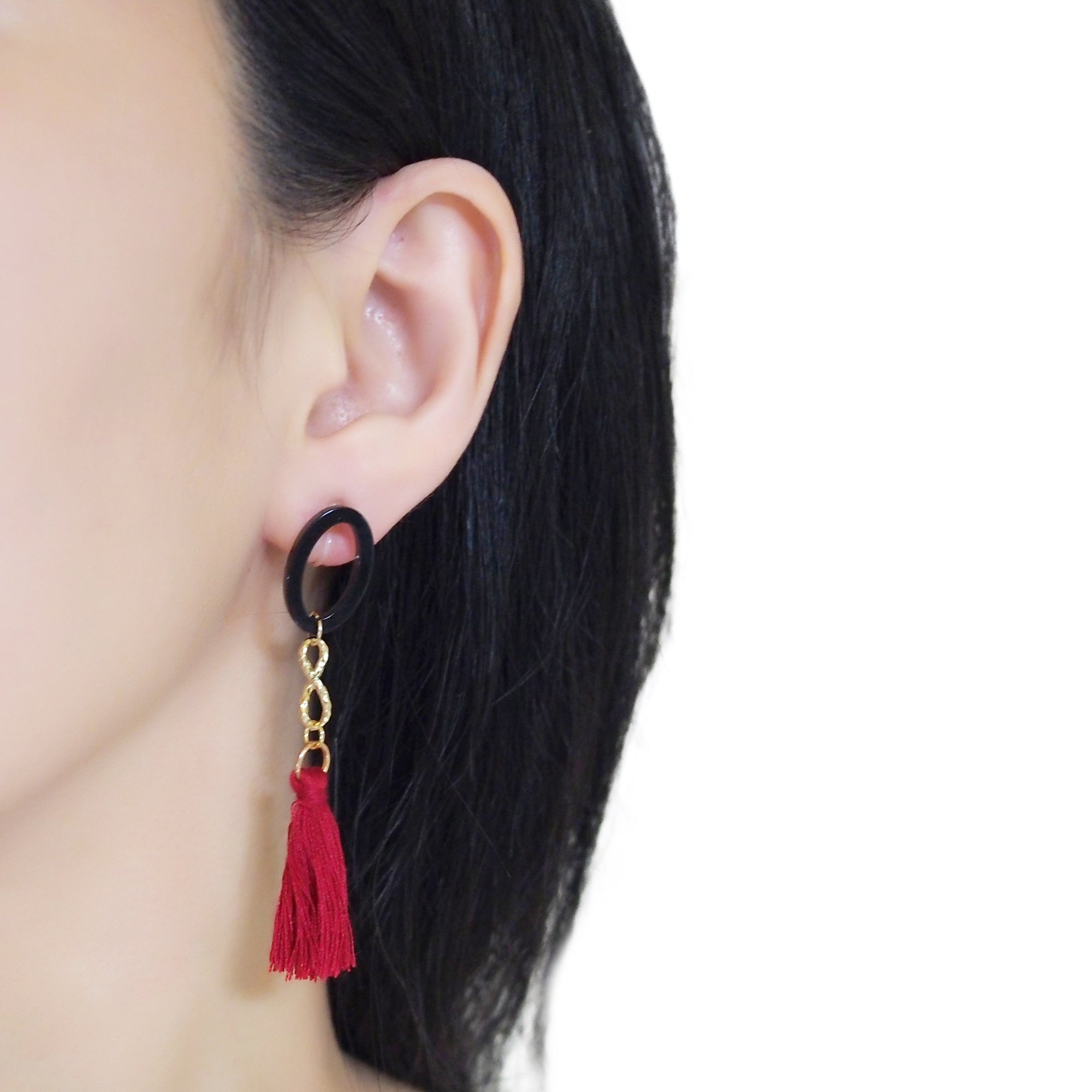 Black hoop with red tassel invisible clip on earrings - miyabigracejewelry.com
