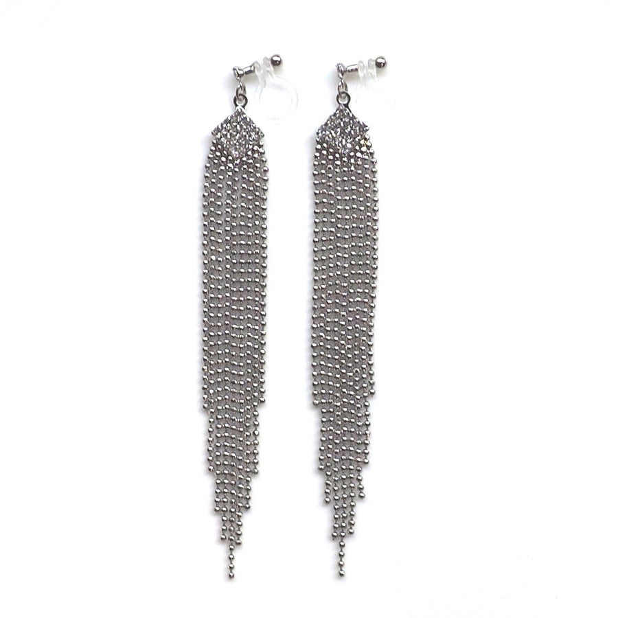 Rhinestone and silver ball chain invisible clip on earrings - miyabigracejewelry.com
