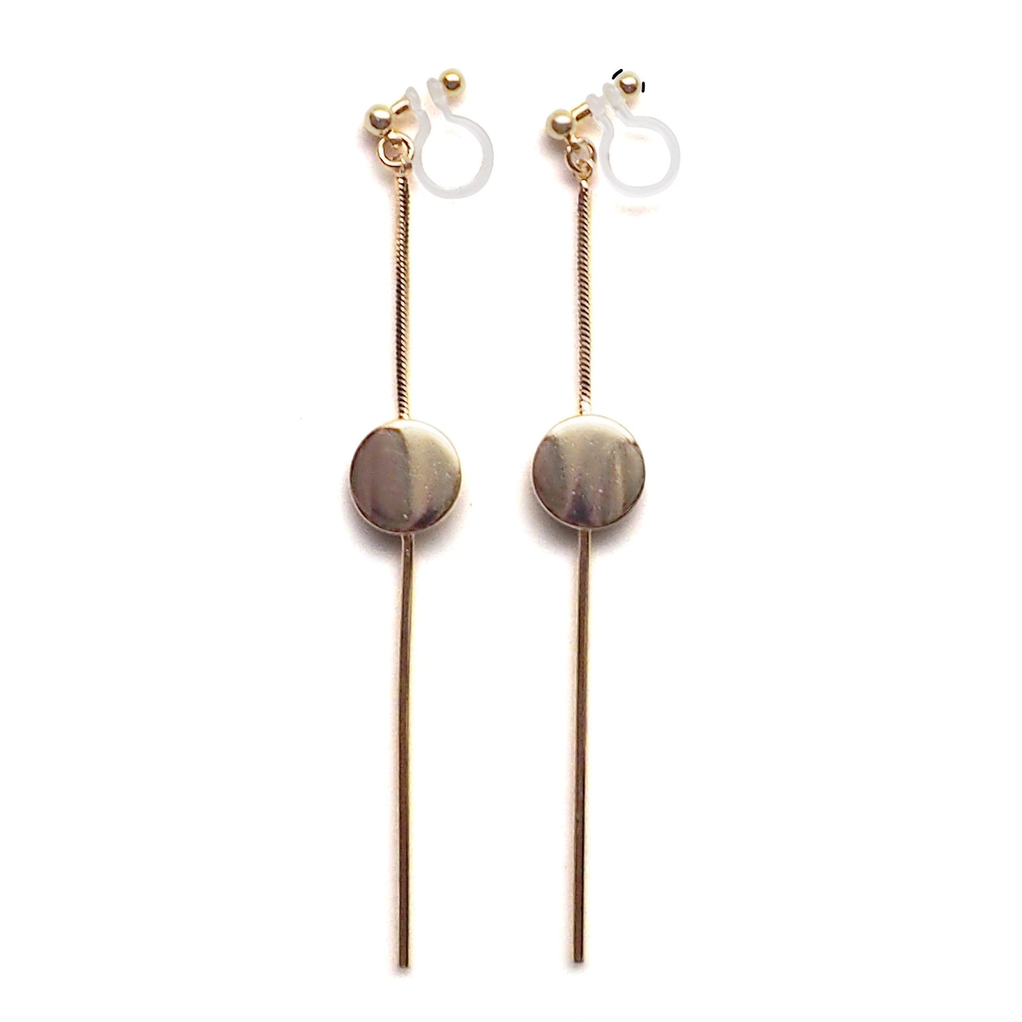 Dangle gold threader with coin invisible clip on earrings - miyabigracejewelry.com