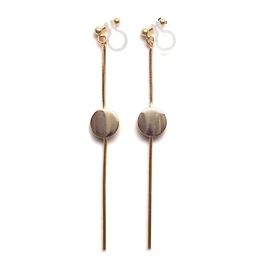 Dangle gold threader with coin invisible clip on earrings - miyabigracejewelry.com