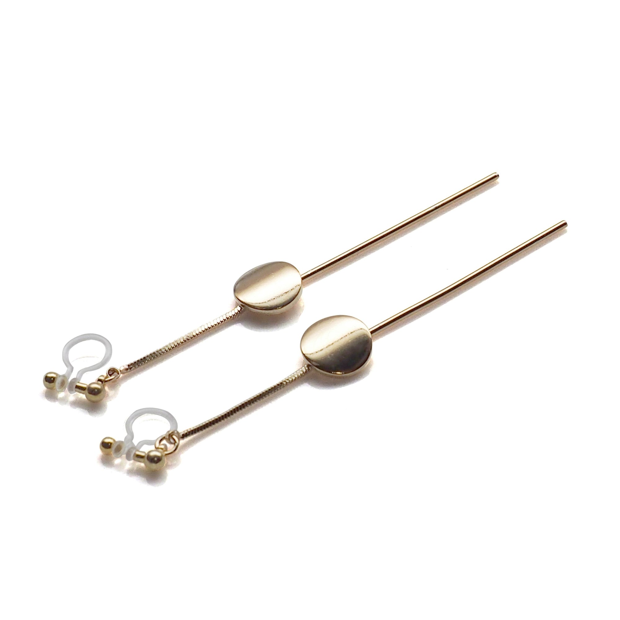 Dangle gold threader with coin invisible clip on earrings - miyabigracejewelry.com