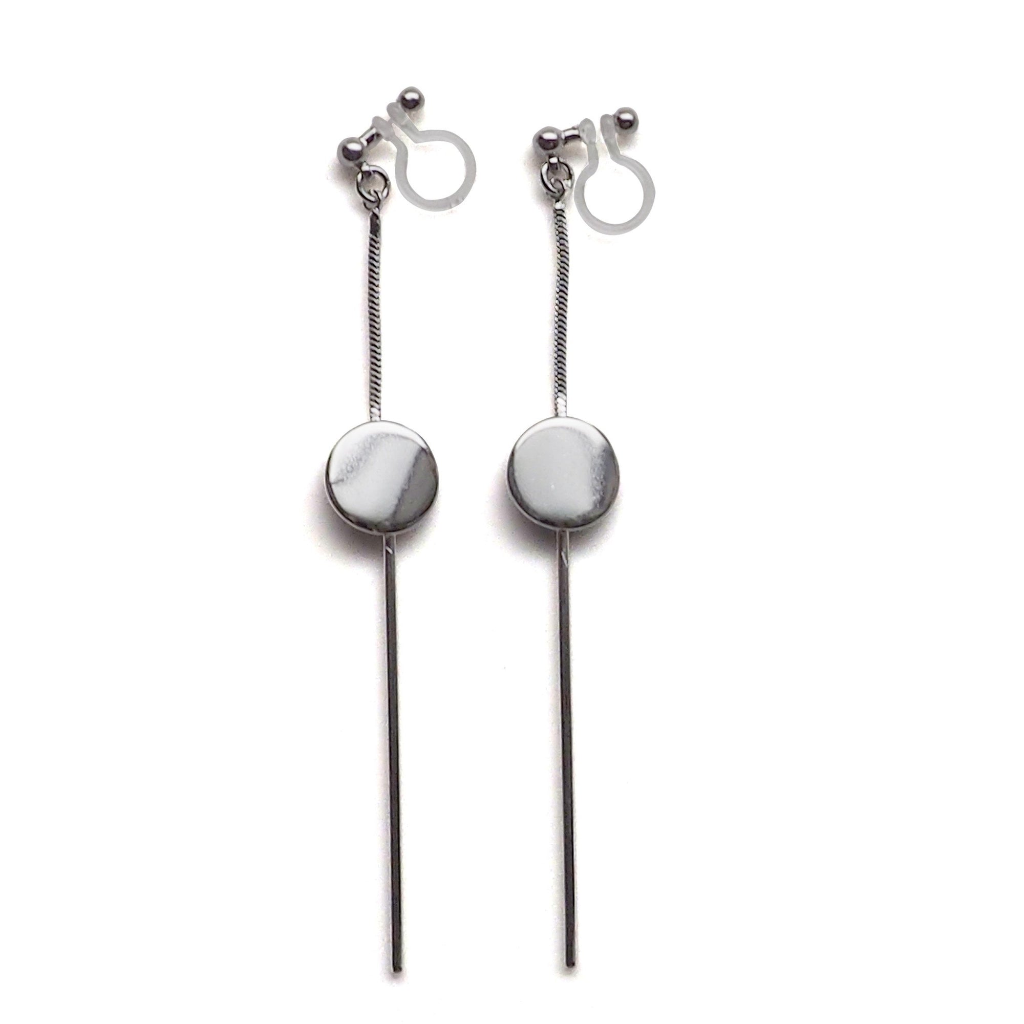 Dangle silver threader with coin invisible clip on earrings - miyabigracejewelry.com