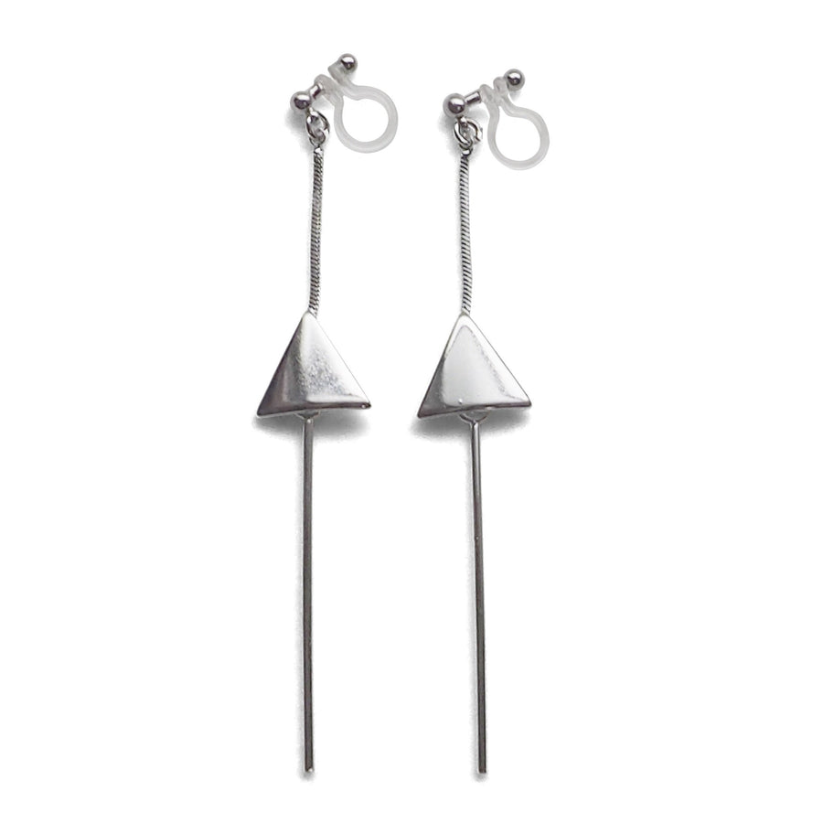 Dangle silver threader with triangle charm invisible clip on earrings - miyabigracejewelry.com