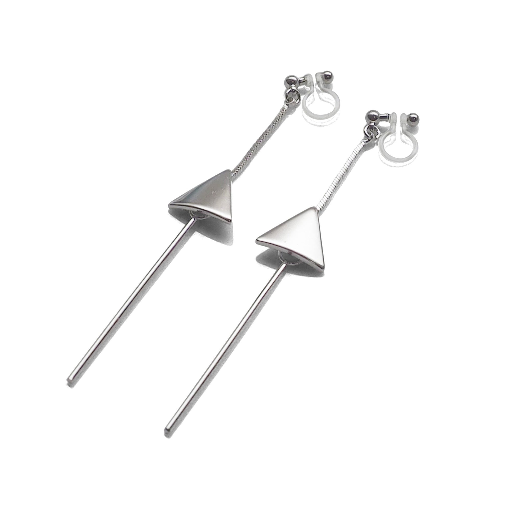 Dangle silver threader with triangle charm invisible clip on earrings - miyabigracejewelry.com